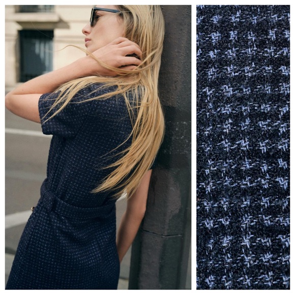 NWT. Zara Blue Belted Textured Short Dress. Size L. - Picture 3 of 9